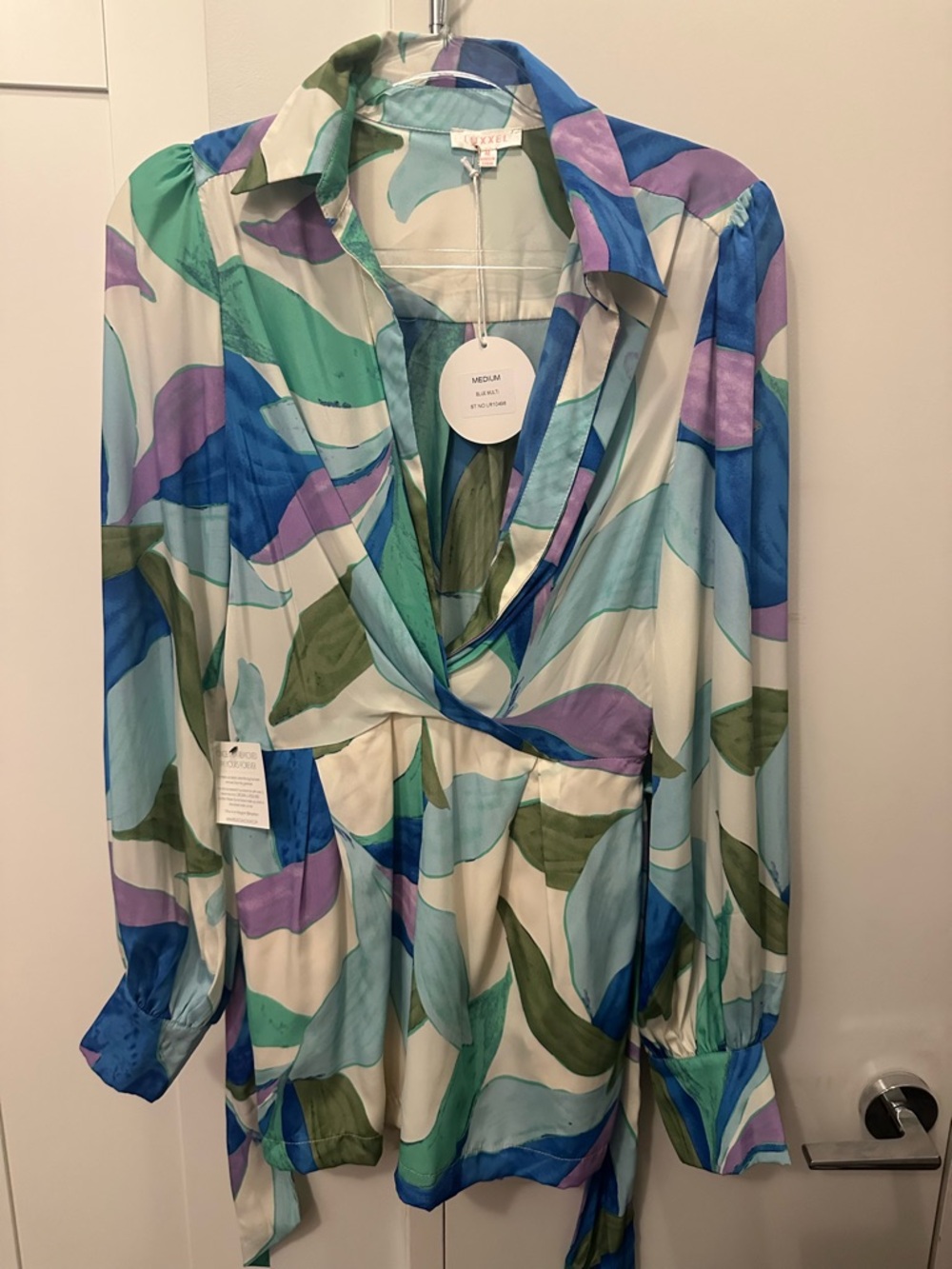 Luxxel Multicolor Leaf-Print Blouse in Blue, Green, Purple, Cream